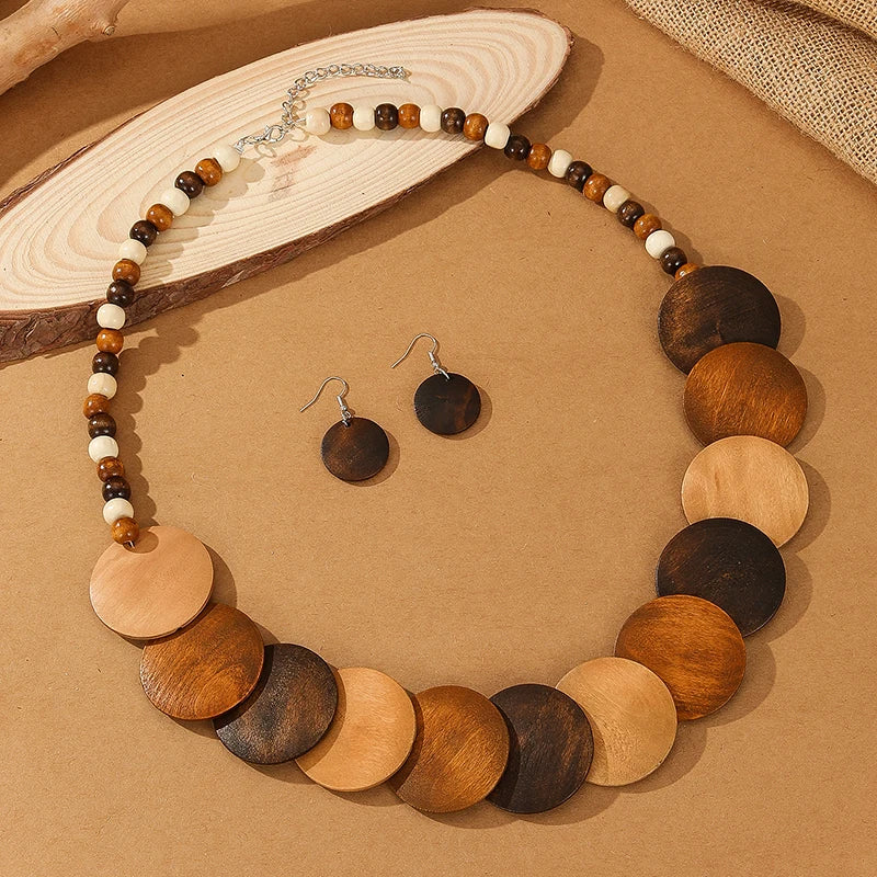 1set Vintage Wood Necklace African Wedding Party Dress Wooden Beads Necklace Earring Jewelry Sets For Women Party Gifts