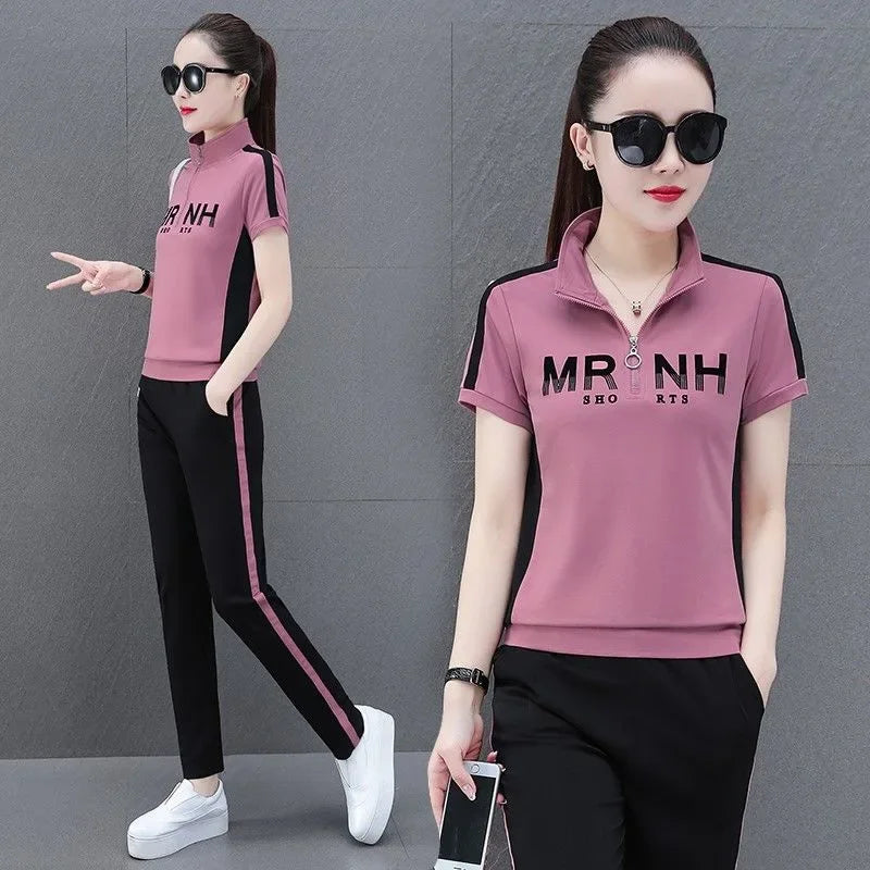 Fashionable Women's Sport Suit Summer New Style Slimming Casual 2-piece Set Age-reducing Running Clothes