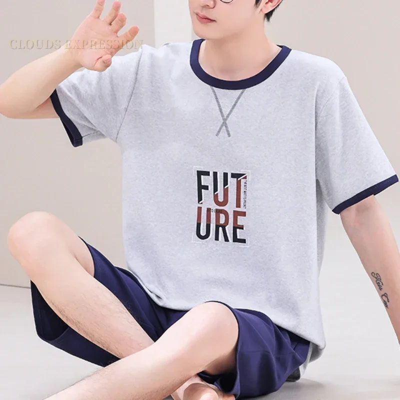Summer 4XL Knitted Cotton Short Sleeved Men's Pajamas Sets Male Pajama Set Plaid Pajama For Men Sleepwear Suit Homewear mon