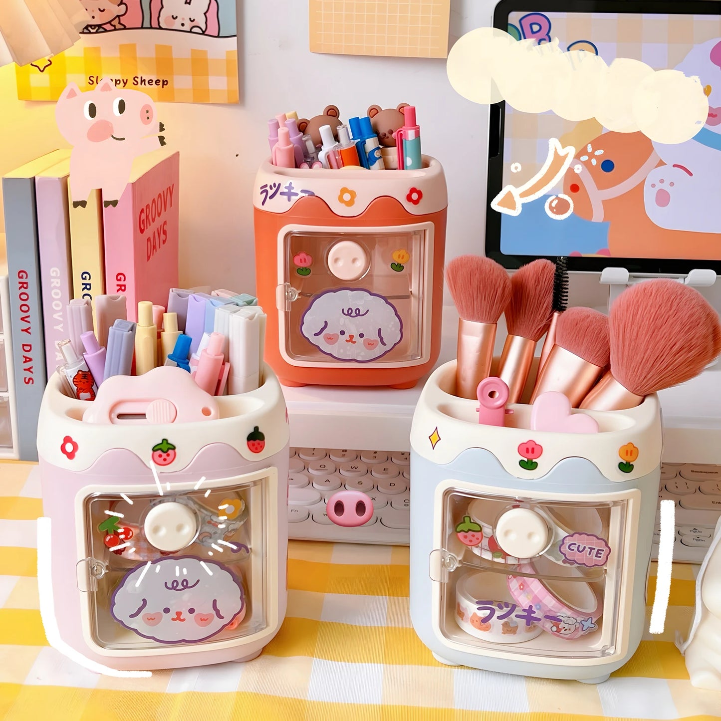 Pen Holder Pencil Organizer with Drawer, Cosmetic Makeup Brushes Holder for Dressing Table, Pig Nose Cute Pen Holder Office