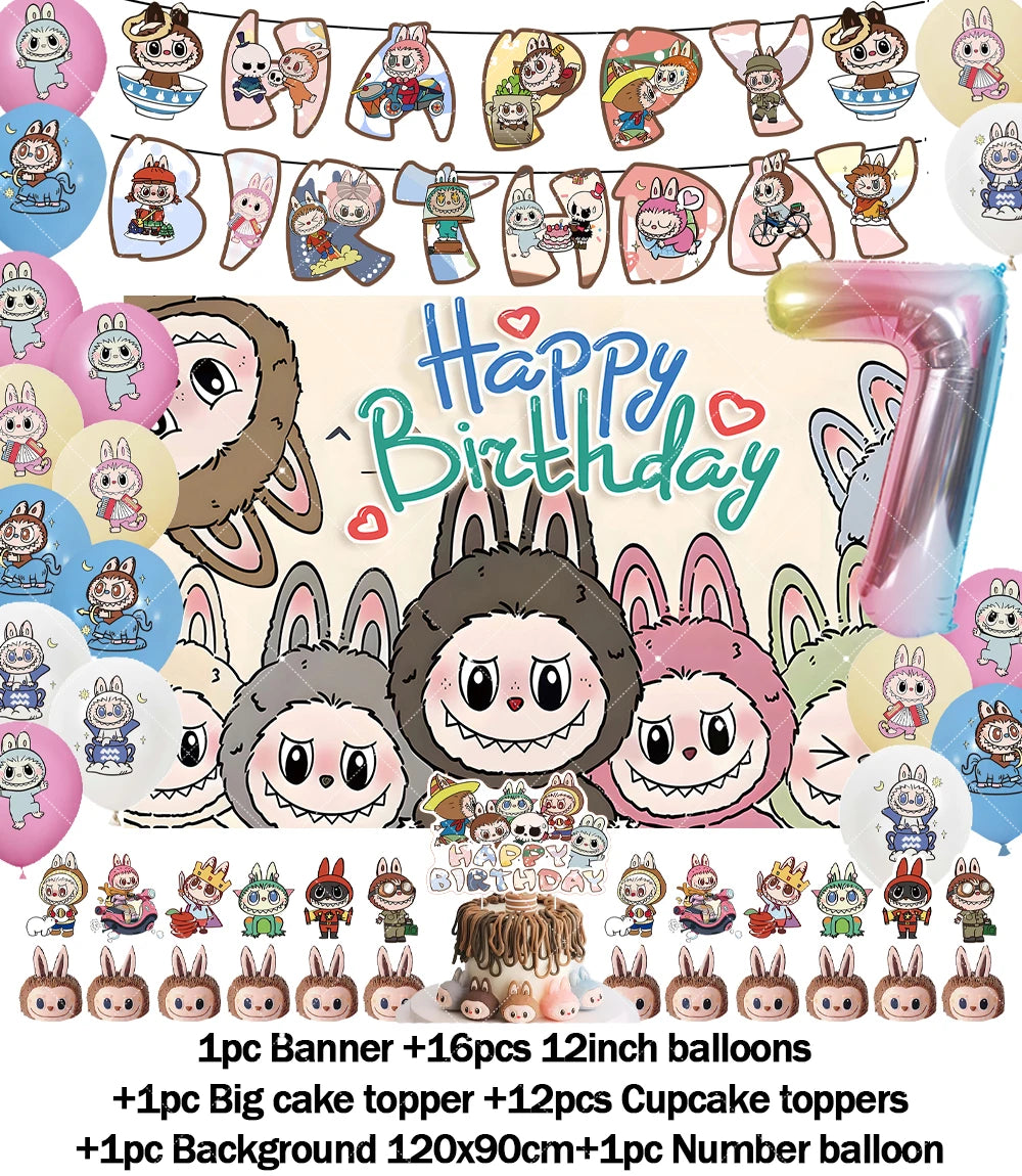 Cartoon LABUBU Theme Kids Birthday Party Banner Background Cake Topper Number Balloon Decoration Props Baby Party Supply Gifts