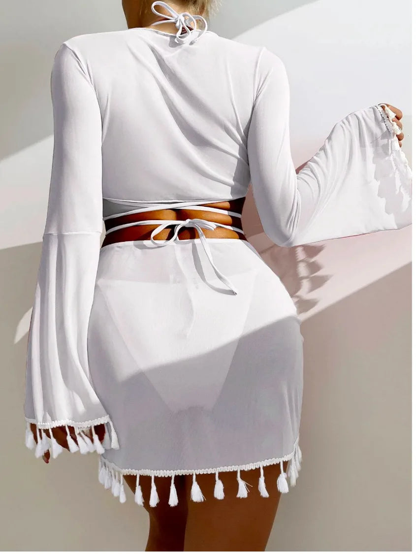 New Conservative Four Piece Solid Color Tassel Hoodie, Mesh Skirt, Bikini Swimsuit for Women