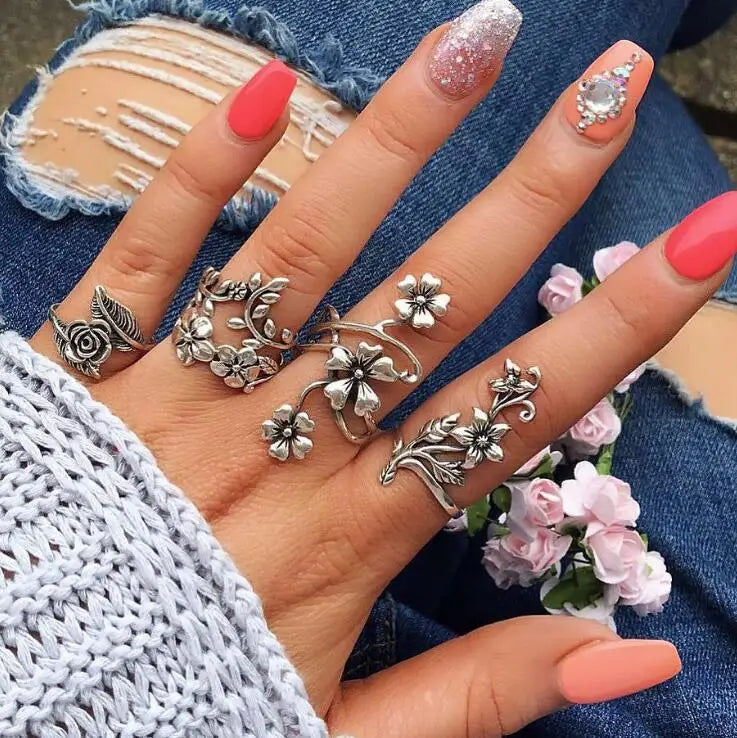 4PCS/Set Forest Vine Leaf Flower Ring Vintage Punk Antique Carved Midi Finger Ring Women Bohemian Rings