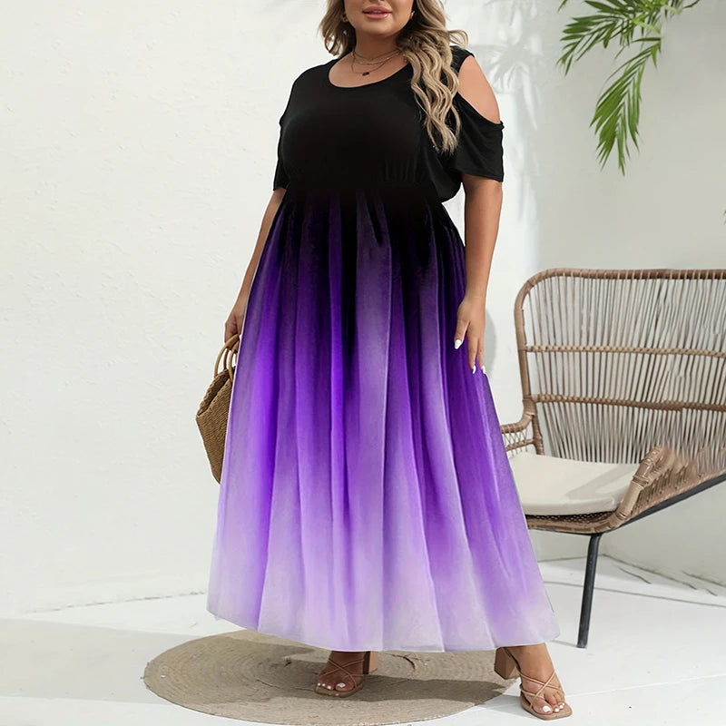 Plus Size Women's Fashion Summer Dress Casual Off Shoulder Short Sleeve Dress Women's Fashion Elegant Gradual Color Party Dress