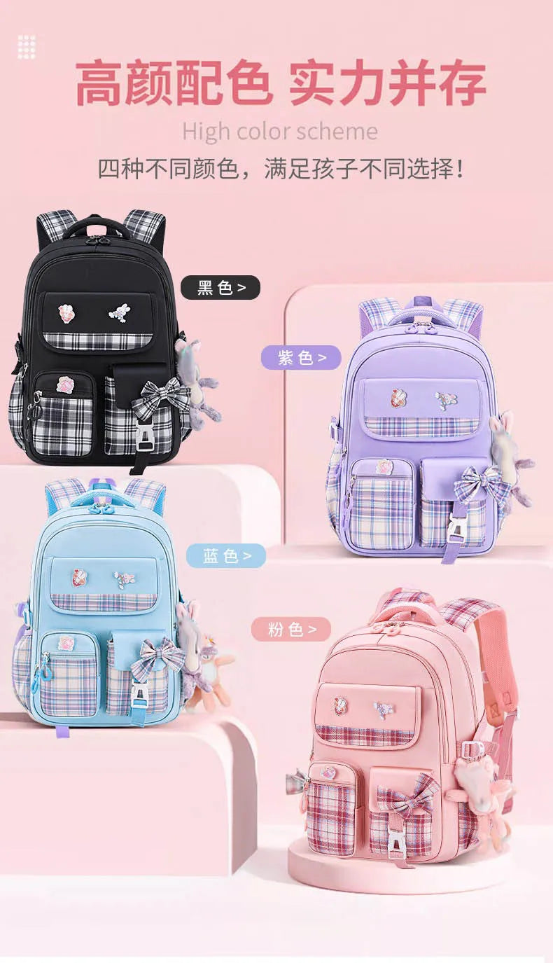 New Spine Protection Primary School Students Girls Checkered Backpack with Large Capacity Lightweight Waterproof Children's Bag