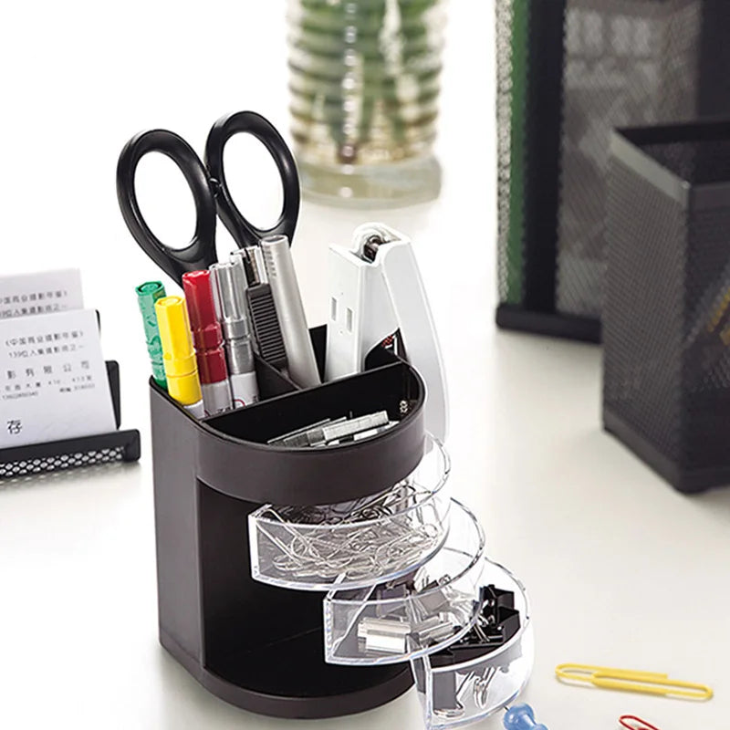 1pc Pen Holder with 3 Rotatable Arc Drawers 3 Compartments Pencil Holder Desktop Storage School Office Supplies