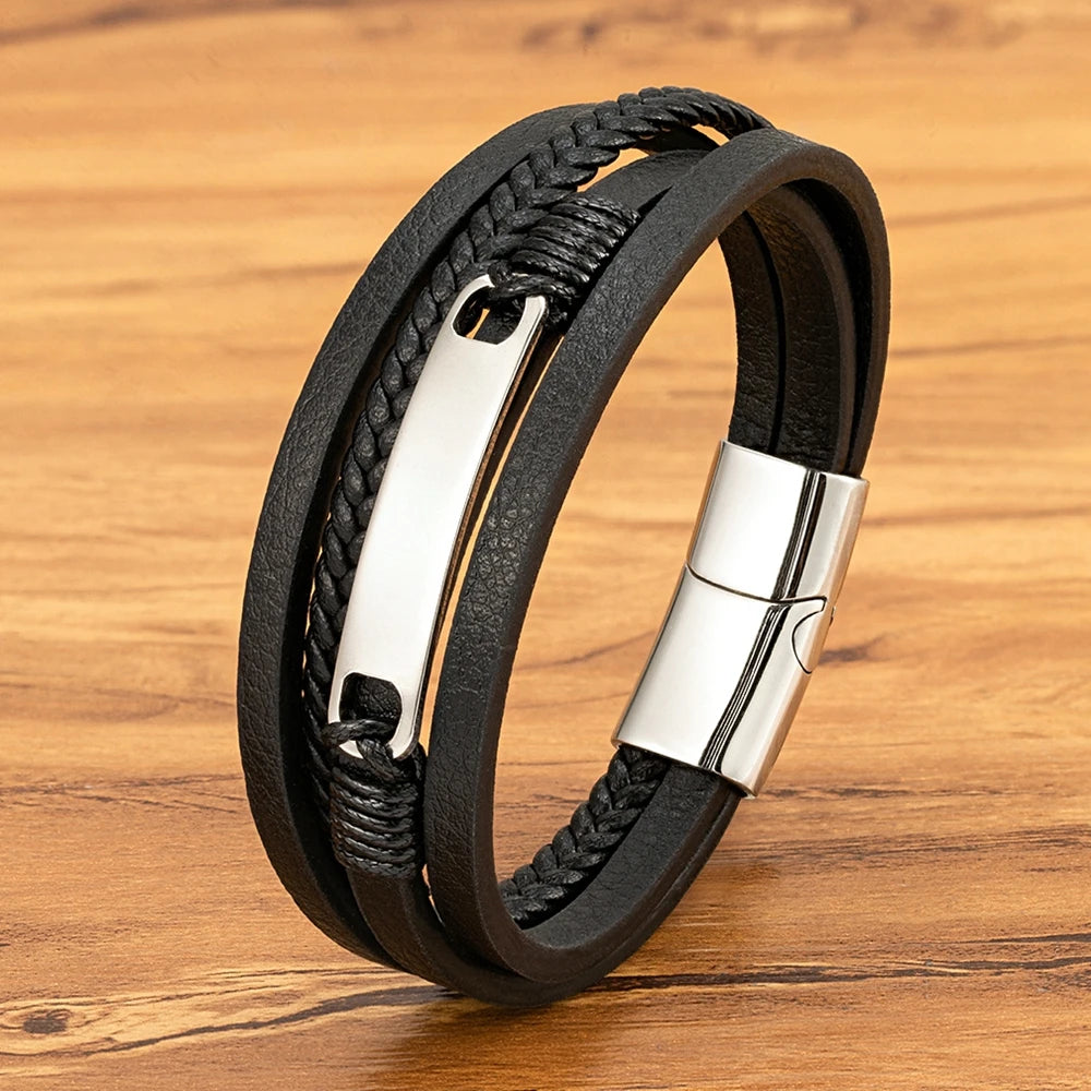 XQNI Multi-layer Braided Leather Wrap Bracelet Men Cool Trend Stainless Steel Casual Buckle Bracelet Jewelry Accessories Gift mon