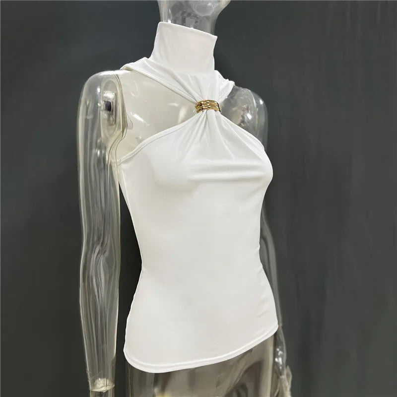 Mozision Turtleneck Basic Knit Tank Tops Women Vest Pullovers Metal Ring Camisole Sleeveless Skinny Knitted Tops Y2K Cropped Top