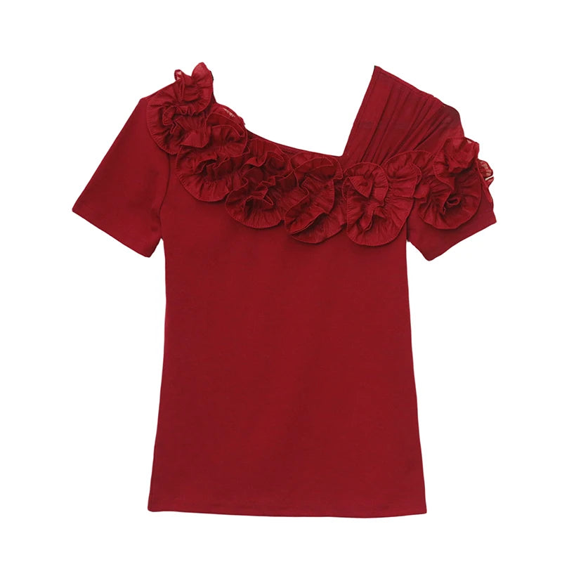 Summer Cotton T-shirts Chic Asymmetric Neckline Off-Shoulder Ruffle Trim Slim Fit Tee Exclusive Boutique Women's Casual Top