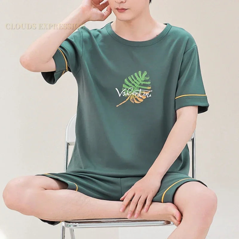 Summer 4XL Knitted Cotton Short Sleeved Men's Pajamas Sets Male Pajama Set Plaid Pajama For Men Sleepwear Suit Homewear mon