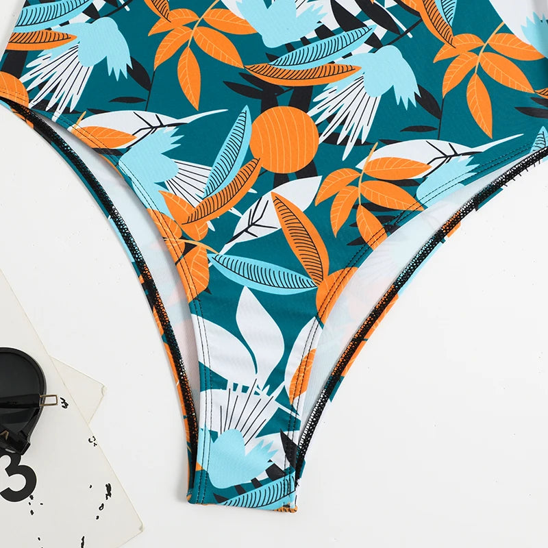 2025 Tropical Print Swimsuit One Piece Knot Side Belted Swimwear Women Padded Bathing Suit Female Swimming Summer Beachwear