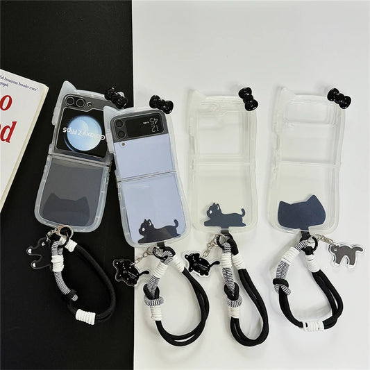 Korean Cute 3D Cat Phone Case For Samsung Galaxy Z Flip 6 5 4 Z Flip5 Flip6 Flip4 5G Cover with Hand Strap Pendant Silicone Capa