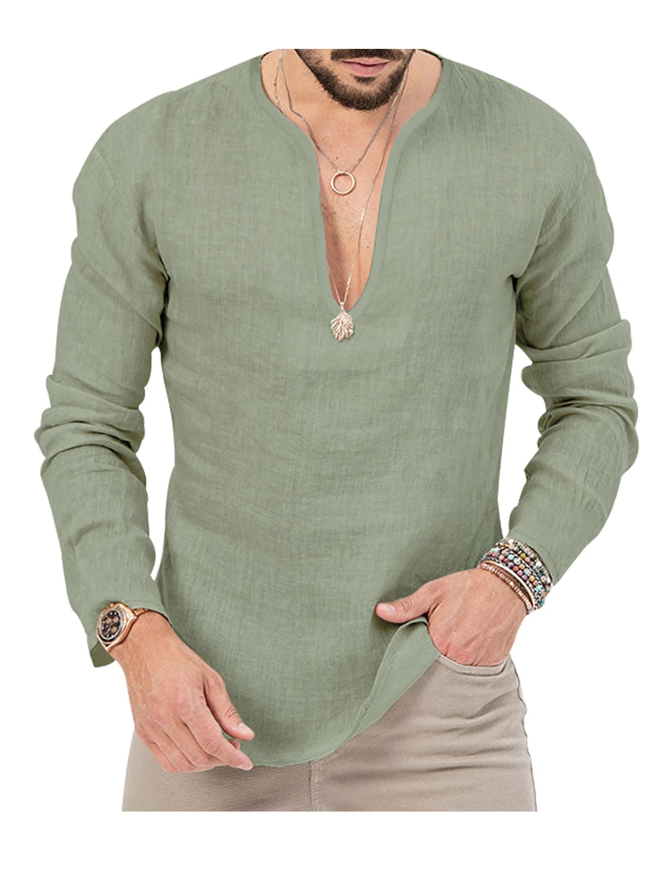 Men's Shirt Top V Neck Breathable Beach Shirt Long Sleeves Closure Regular Fit Solid Color Male Casual Shirt For Daily Vacation mon