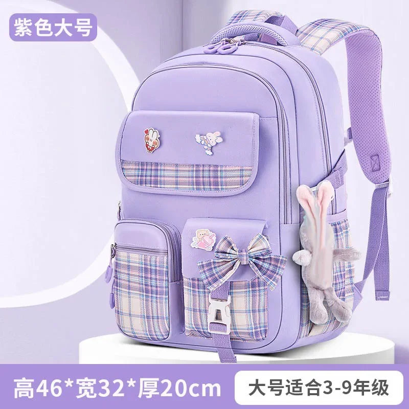 New Spine Protection Primary School Students Girls Checkered Backpack with Large Capacity Lightweight Waterproof Children's Bag