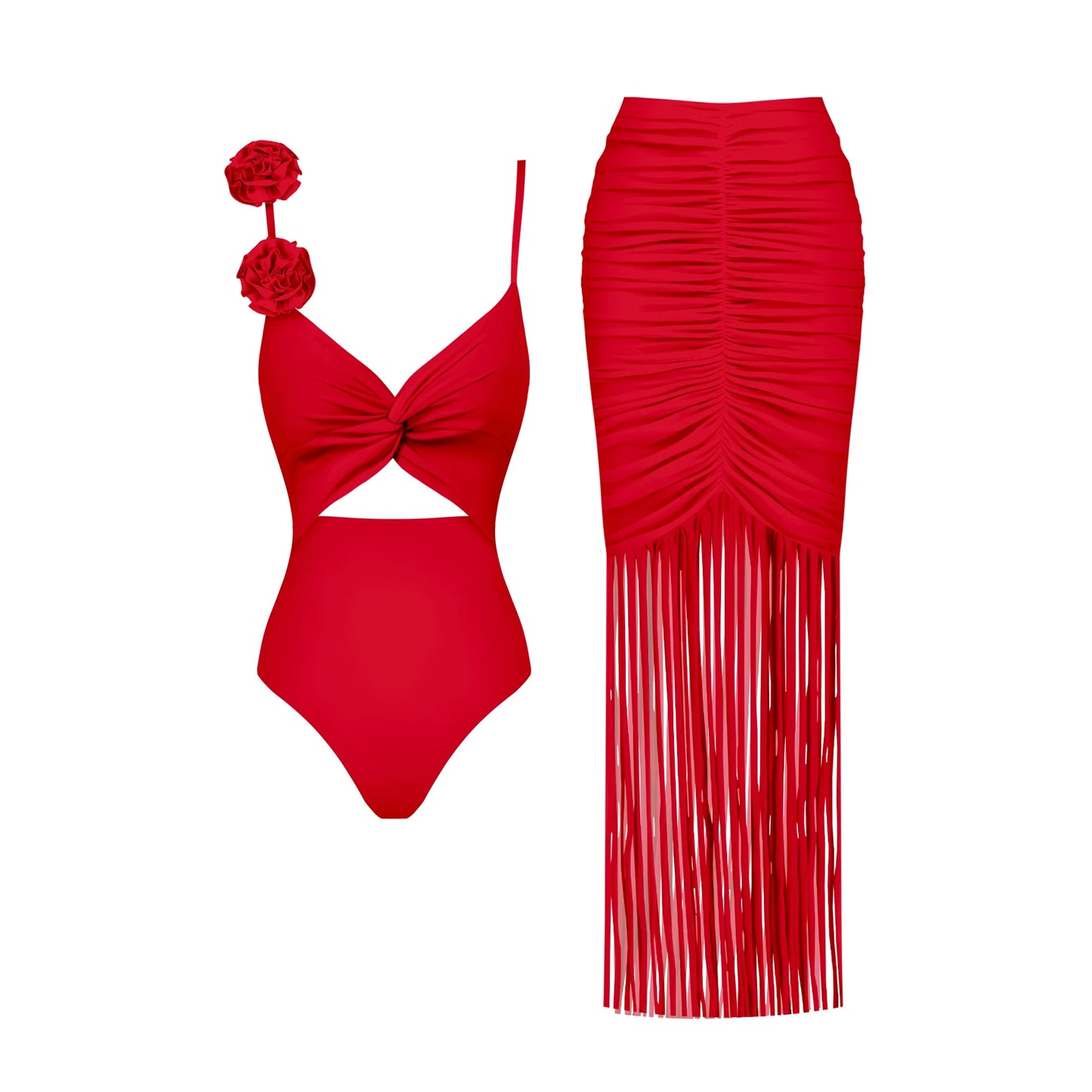 Red Flower Swimsuit With Cover Up Luxury Woman Swimwear Off Shoulder Swim Suits Female Sliming Bodysuit Chic Beachwear