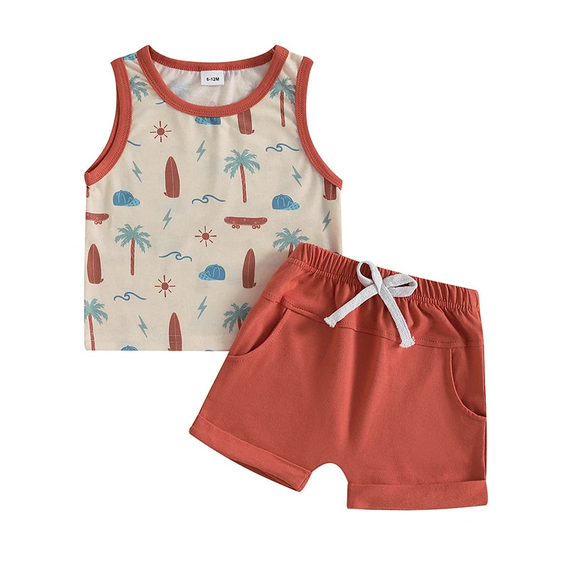 Infant Toddler Boy Summer Clothes Sleeveless Pattern Print Tank Vest Top Solid Jogger Shorts Set Beach Outfit