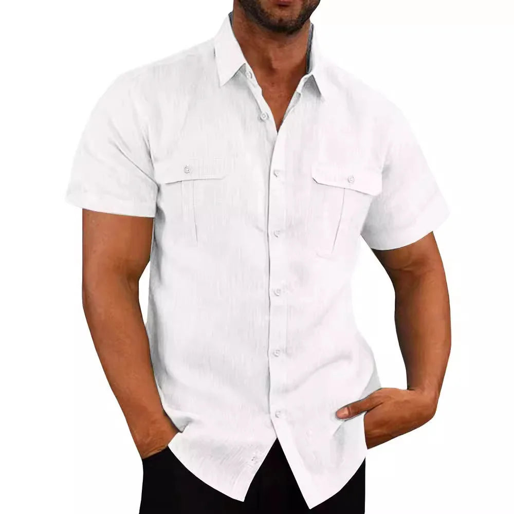 Men's Shirt Double Pocket Cotton Linen Short Sleeve Shirts for Men Casual Holiday Beach Shirt streetwear Solid Color Slim Fit mon