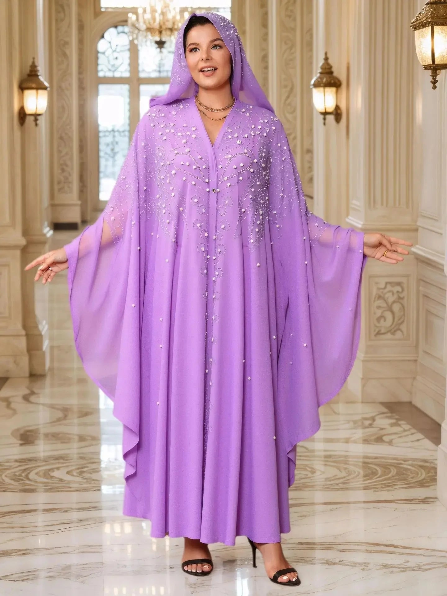 Muslim Long Robe Dubai Bead Abaya Hooded Cloak Shoulder with Hat Middle East Muslim Women's Fashion Outerwear