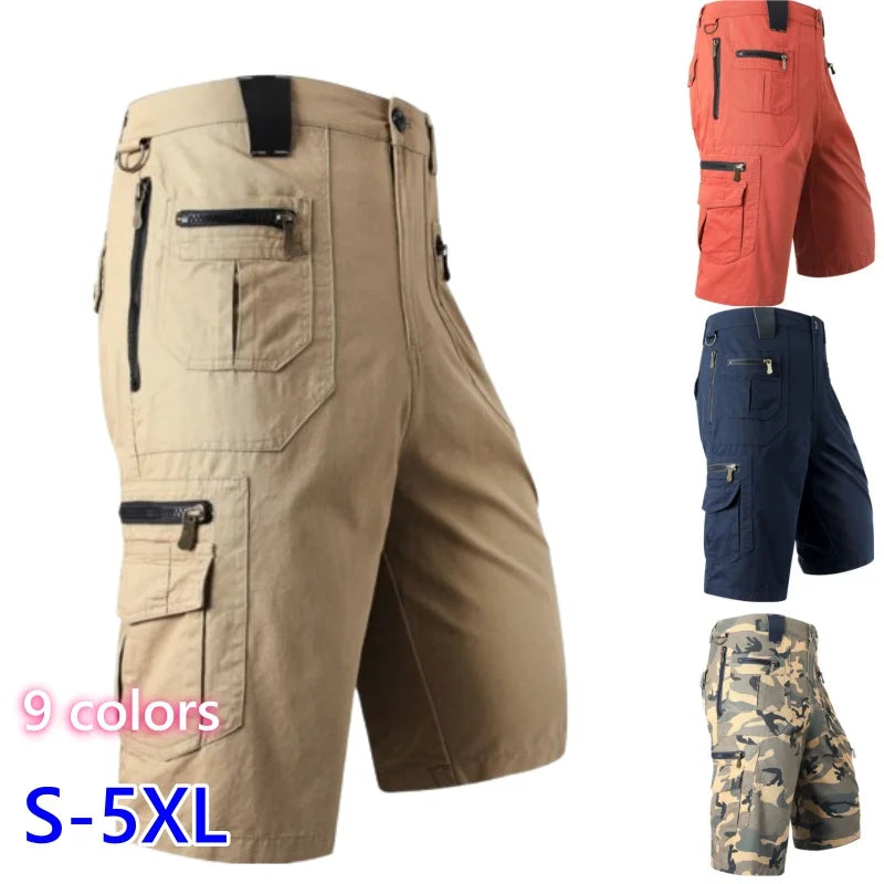 5XL Men Work Cargo Shorts Summer Pure Cotton Loose Straight Multi-pockets Casual Knee Length Hiking Sports Shorts Male Plus Size