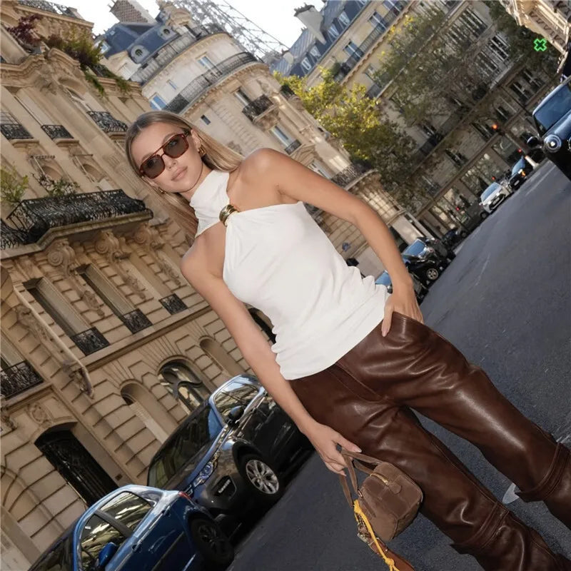 Mozision Turtleneck Basic Knit Tank Tops Women Vest Pullovers Metal Ring Camisole Sleeveless Skinny Knitted Tops Y2K Cropped Top