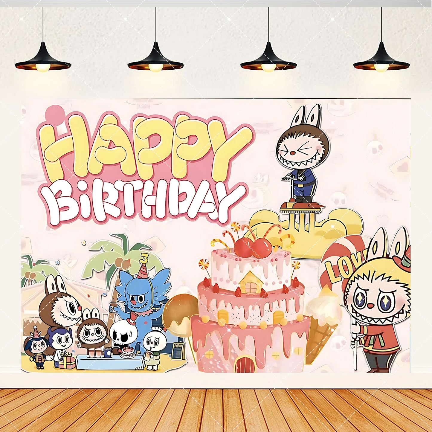Cartoon LABUBU Theme Kids Birthday Party Banner Background Cake Topper Number Balloon Decoration Props Baby Party Supply Gifts