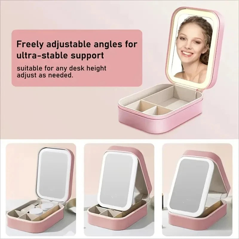 Pink LED Makeup Mirror with Jewelry Storage, 10X Magnification, Touch Control, USB Rechargeable, Compact Foldable Design