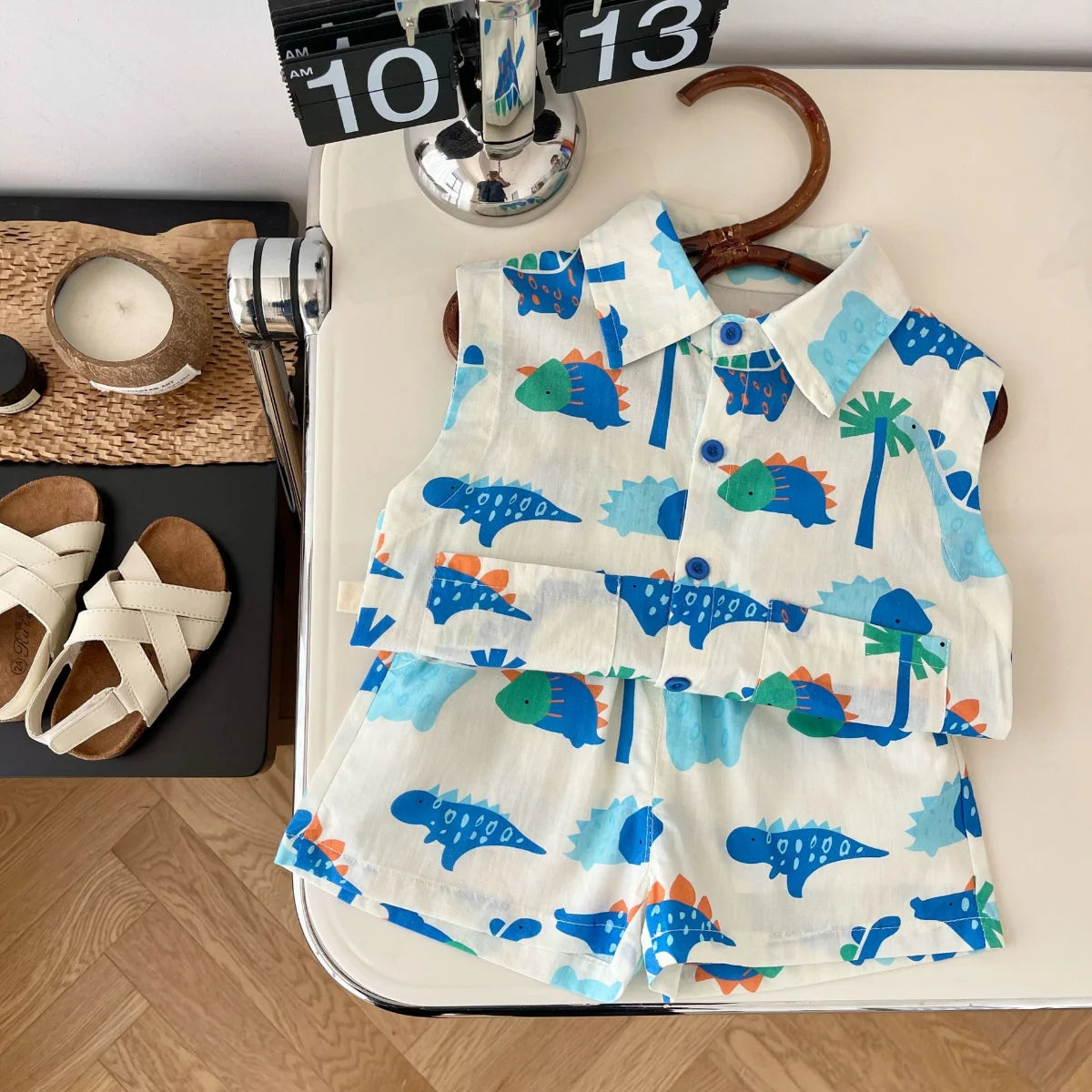 Kids Fashion 2-Piece Summer Beach Clothes Set for Toddler Boys Sleeveless Print Top Shirt+Shorts