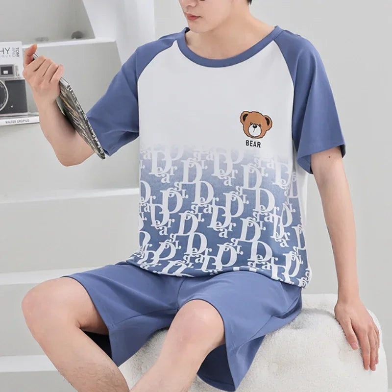 Summer 4XL Knitted Cotton Short Sleeved Men's Pajamas Sets Male Pajama Set Plaid Pajama For Men Sleepwear Suit Homewear mon