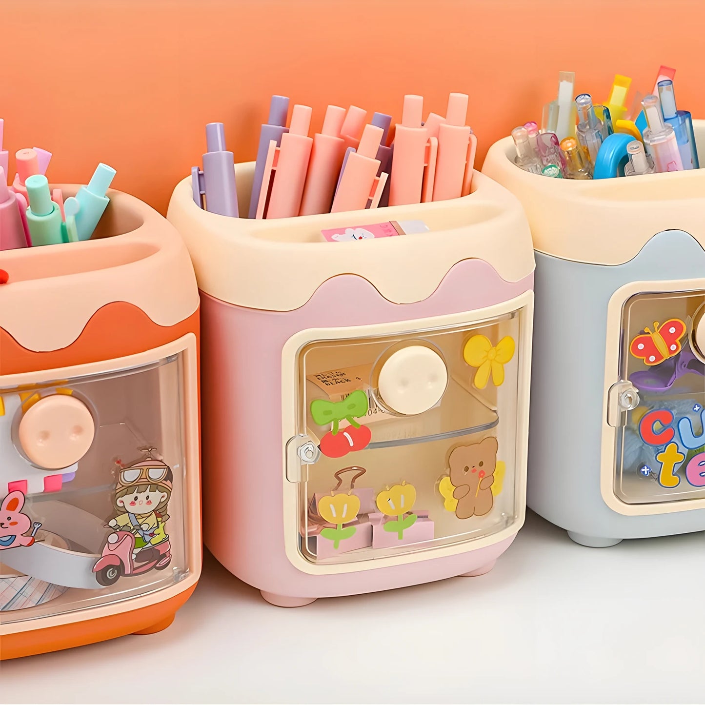 Pen Holder Pencil Organizer with Drawer, Cosmetic Makeup Brushes Holder for Dressing Table, Pig Nose Cute Pen Holder Office
