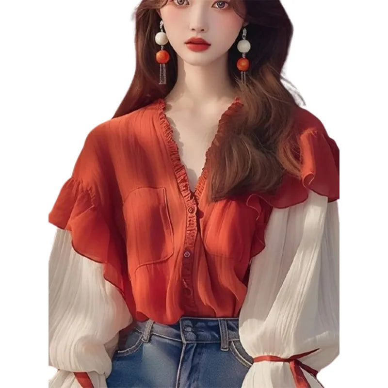Chiffon Vintage Women's Shirts Spring/summer New Patchwork Women Shirts Loose Long Sleeves Tops Fashion Korean Clothing Sales