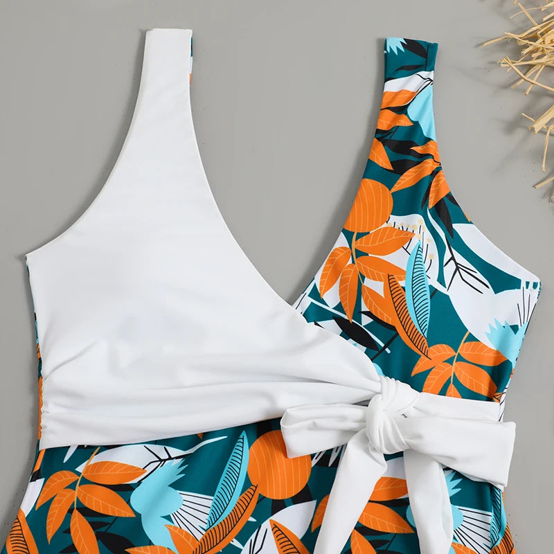 2025 Tropical Print Swimsuit One Piece Knot Side Belted Swimwear Women Padded Bathing Suit Female Swimming Summer Beachwear