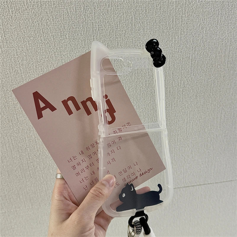 Korean Cute 3D Cat Phone Case For Samsung Galaxy Z Flip 6 5 4 Z Flip5 Flip6 Flip4 5G Cover with Hand Strap Pendant Silicone Capa