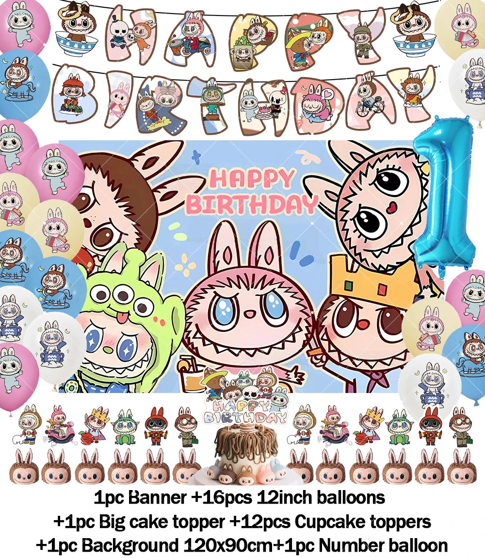 Cartoon LABUBU Theme Kids Birthday Party Banner Background Cake Topper Number Balloon Decoration Props Baby Party Supply Gifts