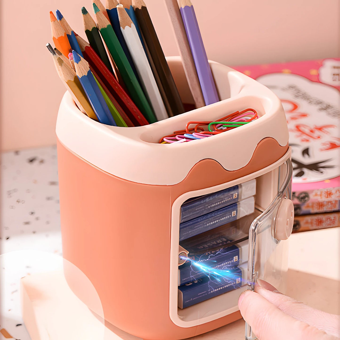 Pen Holder Pencil Organizer with Drawer, Cosmetic Makeup Brushes Holder for Dressing Table, Pig Nose Cute Pen Holder Office