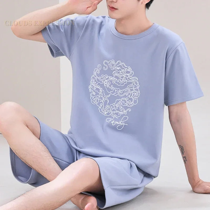 Summer 4XL Knitted Cotton Short Sleeved Men's Pajamas Sets Male Pajama Set Plaid Pajama For Men Sleepwear Suit Homewear mon