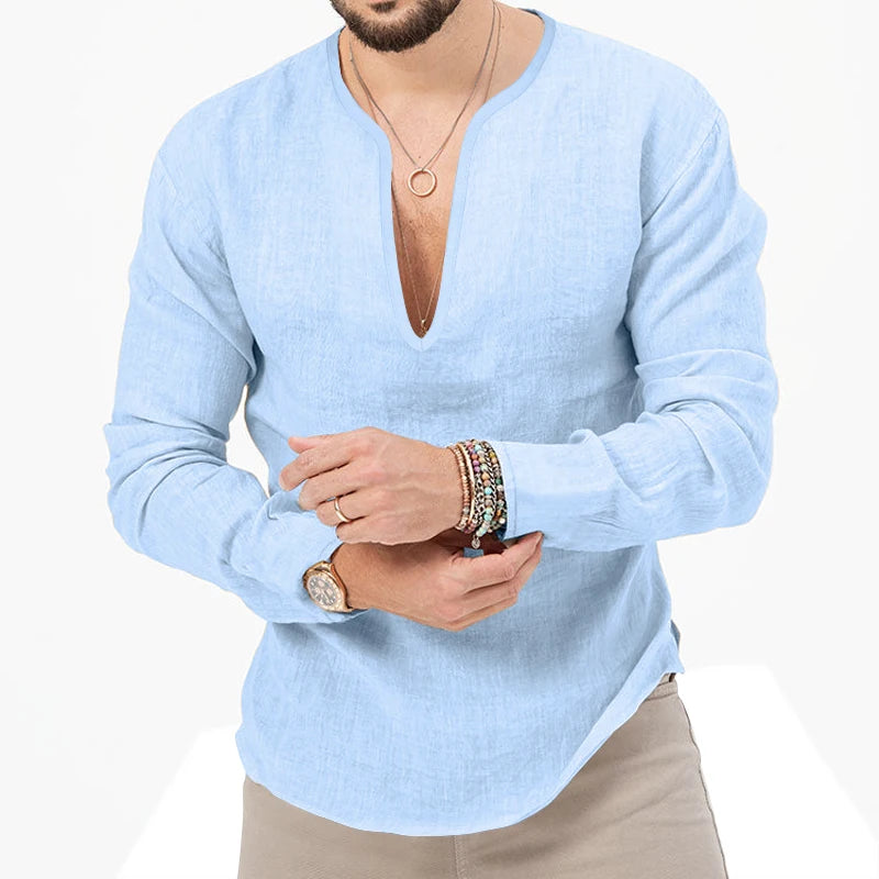 Men's Shirt Top V Neck Breathable Beach Shirt Long Sleeves Closure Regular Fit Solid Color Male Casual Shirt For Daily Vacation mon