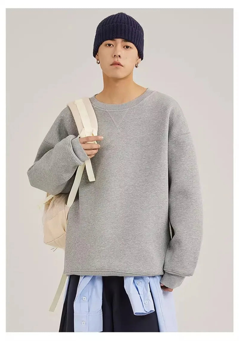 heavy cotton sweater men's autumn new loose and thick long-sleeved t-shirt solid color Japanese crew neck bottoming shirt mon