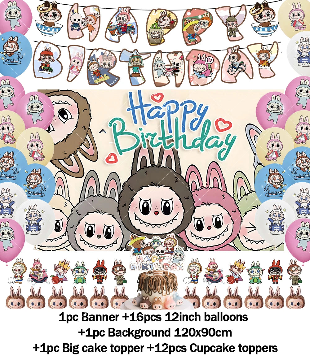 Cartoon LABUBU Theme Kids Birthday Party Banner Background Cake Topper Number Balloon Decoration Props Baby Party Supply Gifts