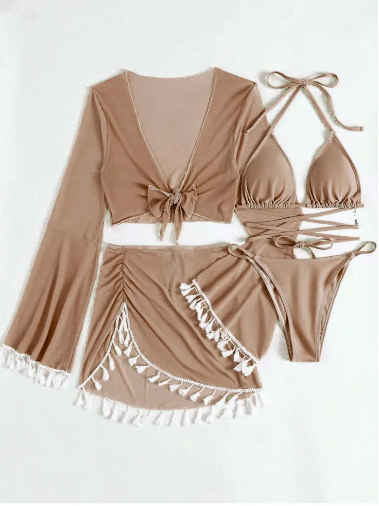 New Conservative Four Piece Solid Color Tassel Hoodie, Mesh Skirt, Bikini Swimsuit for Women