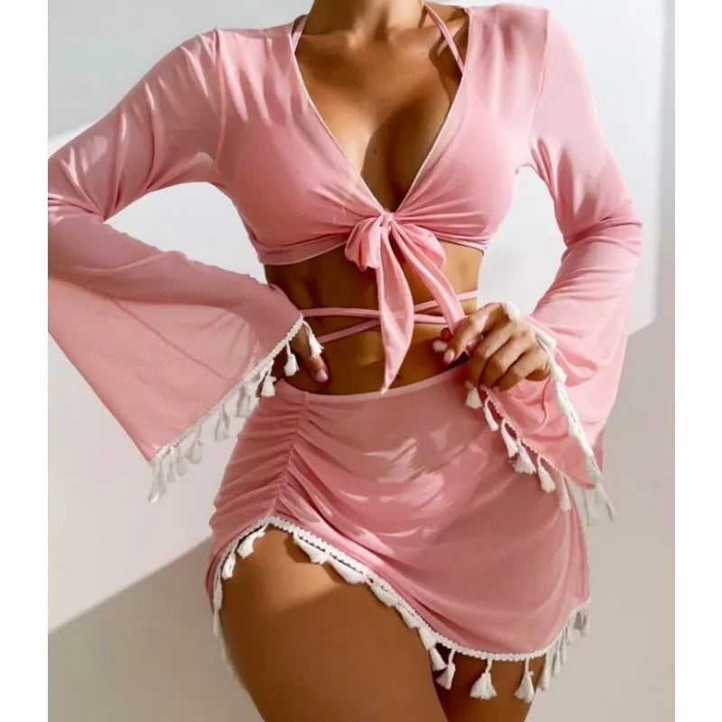 New Conservative Four Piece Solid Color Tassel Hoodie, Mesh Skirt, Bikini Swimsuit for Women