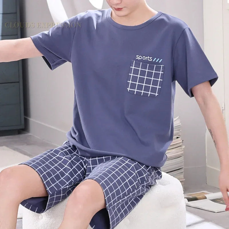 Summer 4XL Knitted Cotton Short Sleeved Men's Pajamas Sets Male Pajama Set Plaid Pajama For Men Sleepwear Suit Homewear mon