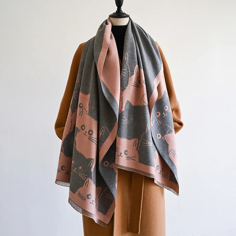 New Fashion Cute Cat Ladies' Jacquard Pashmina Cashmere Scarf Winter Thick Warmth Shawl Coldproof Windproof Blanket Scarf