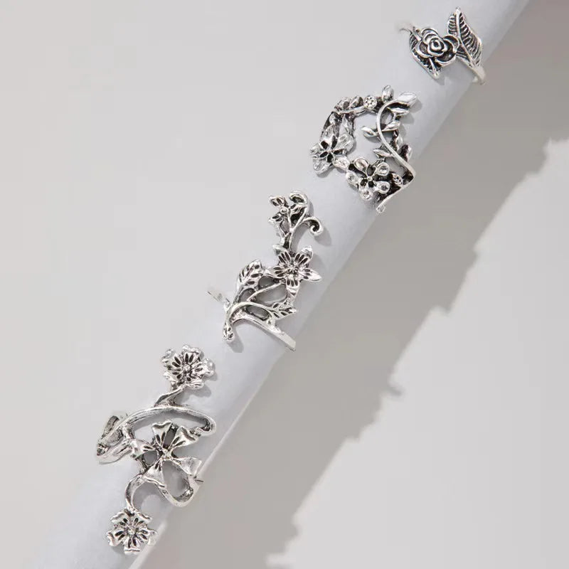4PCS/Set Forest Vine Leaf Flower Ring Vintage Punk Antique Carved Midi Finger Ring Women Bohemian Rings