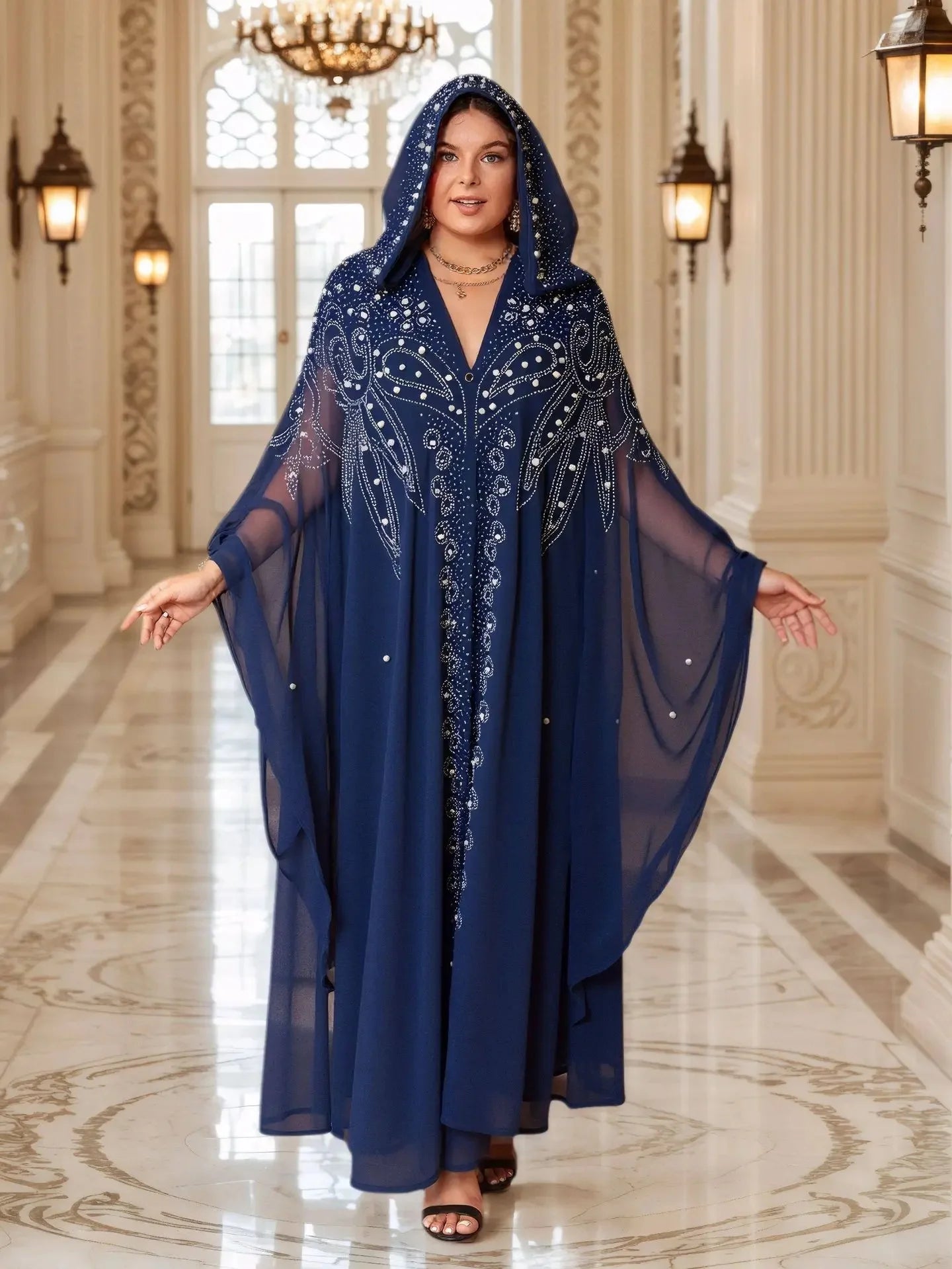 Muslim Long Robe Dubai Bead Abaya Hooded Cloak Shoulder with Hat Middle East Muslim Women's Fashion Outerwear
