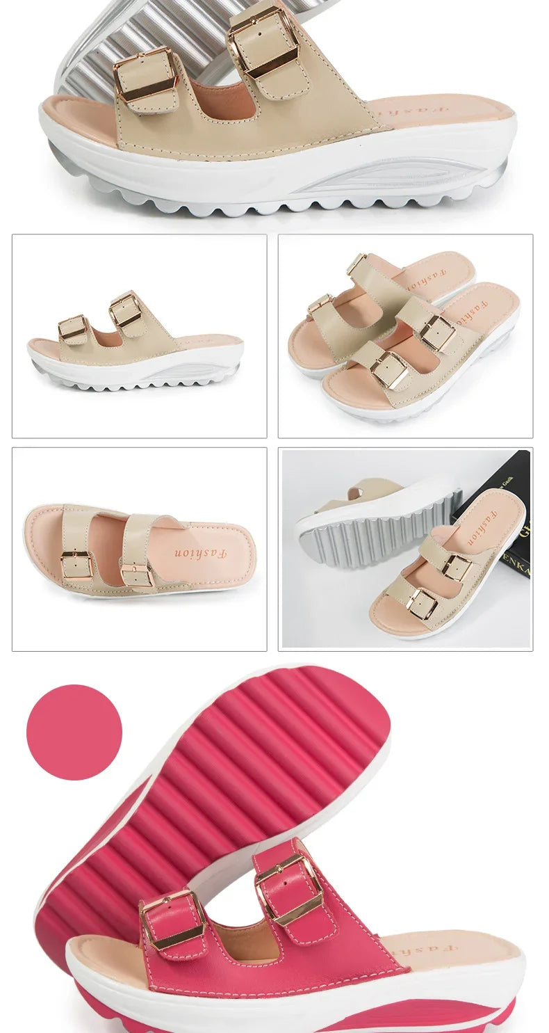Summer Women Wedge Sandals Belt Buckle Open Toe Vintage Anti-slip Casual Female Slippers Platform Shoes Ladies Loafers