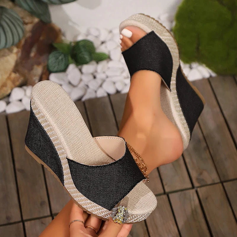Fashion Blue Denim Wedge Sandals for Women Peep Toe Chunky Platform Slippers Woman Comfort Thick Sole Beach Slides