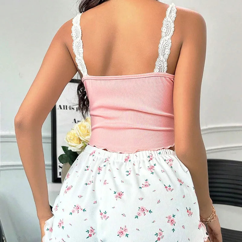 Home wear lace camisole shorts set, comfortable and stretchy, suitable for casual wear at home and women's sleepwear