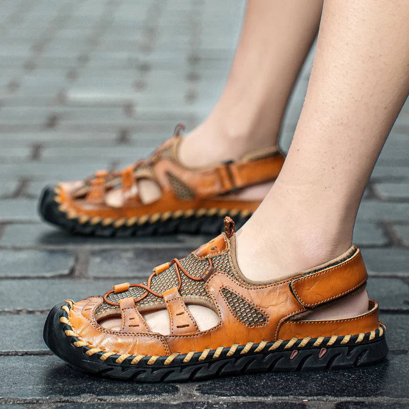 Handmade Summer Sandals Men Breathable Leather Shoes Man Retro Outdoor Men Sandals Antiskid Beach Sandals Hollow Shoes Footwear