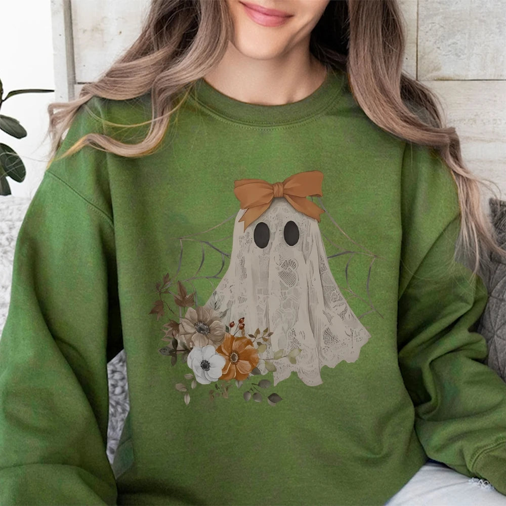 Loose Crew Neck Hoodie Cotton High Quality Soft Comfortable Halloween Cute Ghost Graphic Print Fashion Trend New Sweatshirt