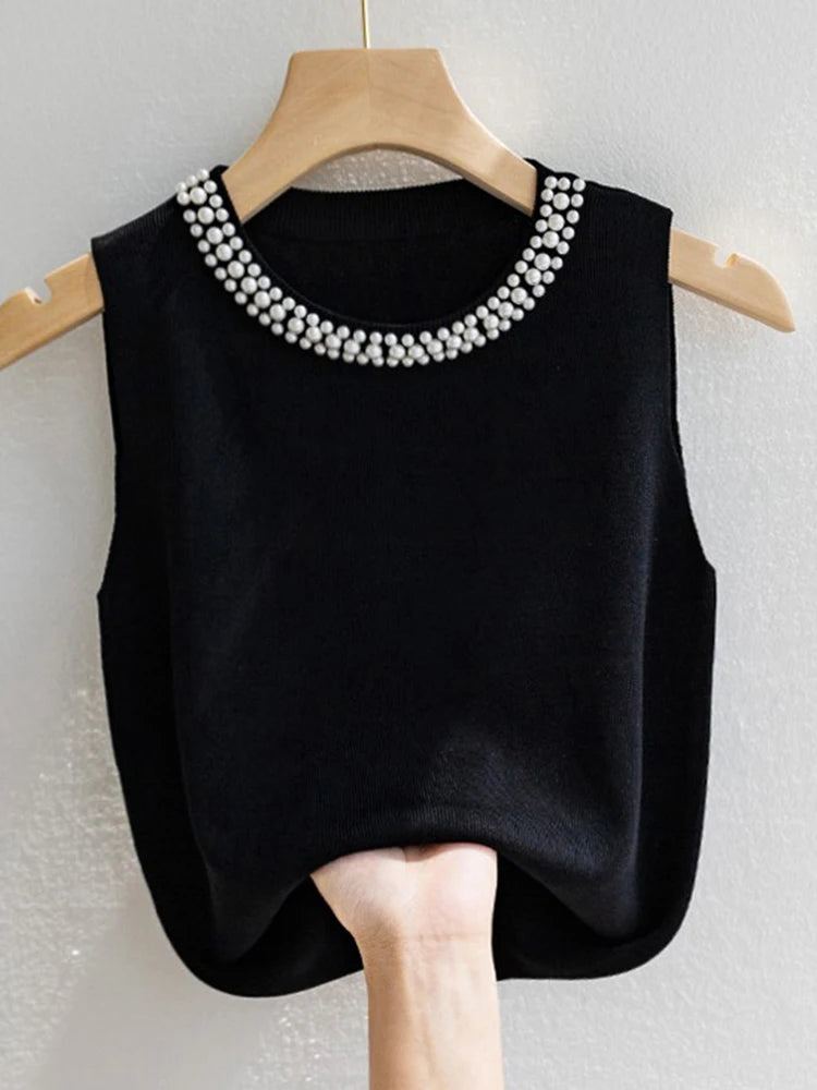 Knitted Vests Women Top Solid Tank Blusas Mujer De Moda Summer New Fashion Female Sleeveless Beading Casual Thin Tops